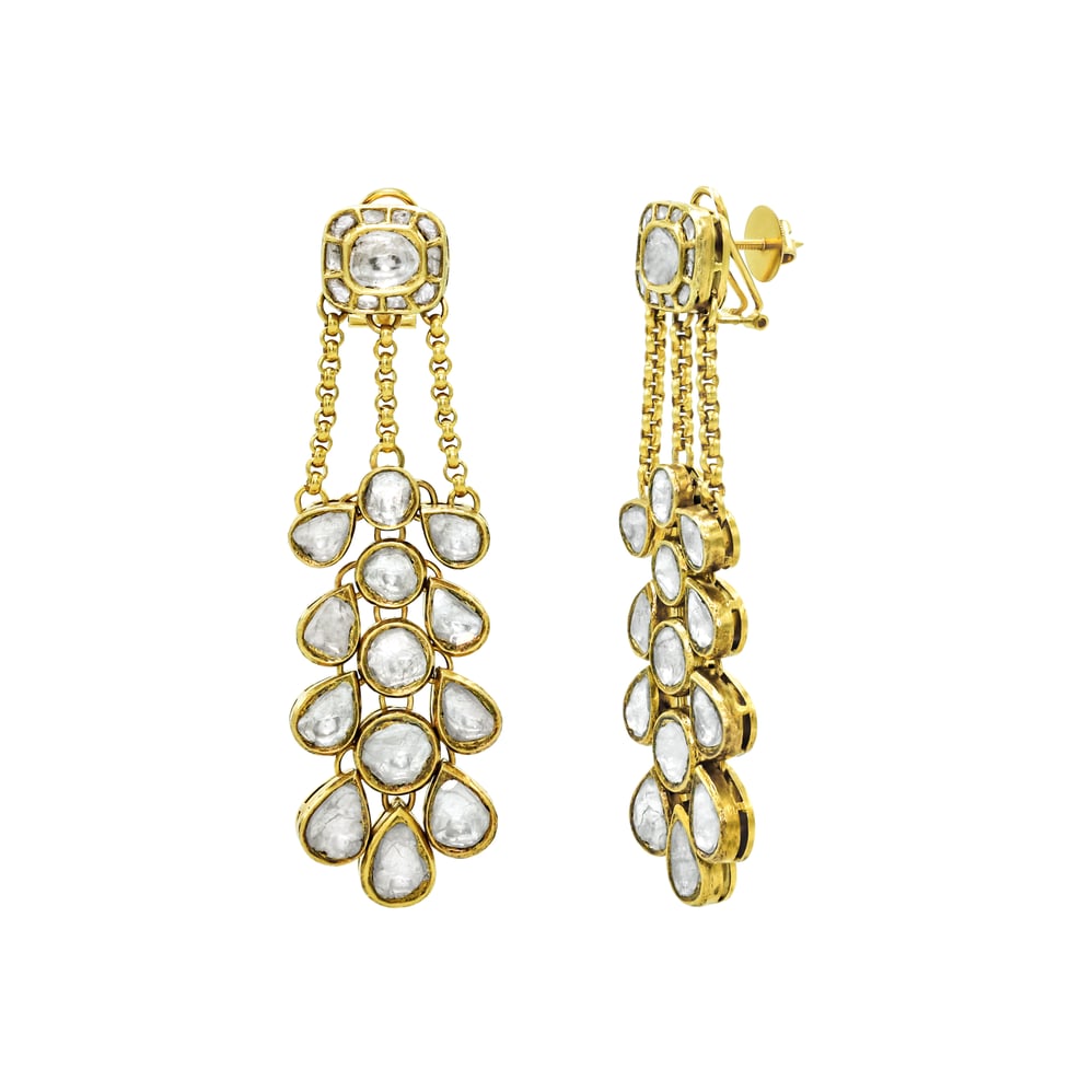 Cascading Polki Earrings with Teardrop Rows and Chain Links